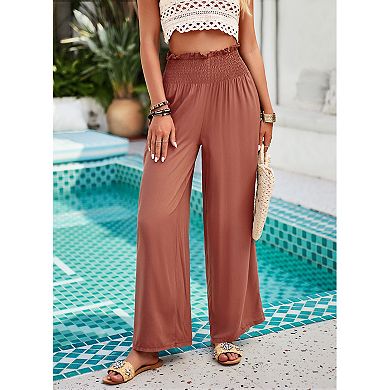 Womens Palazzo Trousers - High Waist Wide-Leg Beach Pants, Loose-Fit Summer Bottoms with Pockets