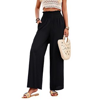 Womens Palazzo Trousers - High Waist Wide-Leg Beach Pants, Loose-Fit Summer Bottoms with Pockets