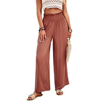 Womens Palazzo Trousers - High Waist Wide-Leg Beach Pants, Loose-Fit Summer Bottoms with Pockets