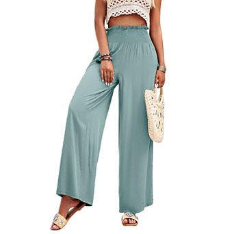 Womens Palazzo Trousers - High Waist Wide-Leg Beach Pants, Loose-Fit Summer Bottoms with Pockets