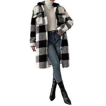 Womens Oversized Long Sherpa Fleece Coat Double-Side Plaid Button Down Lapel Jacket Winter Outerwear