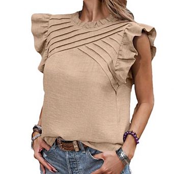Women's Pleated Chest Ruffled Shoulder Short Sleeve Top, Solid Color Casual Summer Blouse