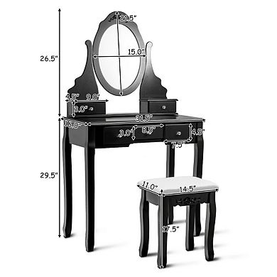 Costway Vanity Jewelry Wooden Makeup Dressing Table Set W/Stool Mirror & 5 Drawers Black