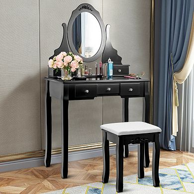 Costway Vanity Jewelry Wooden Makeup Dressing Table Set W/Stool Mirror & 5 Drawers Black