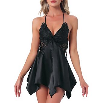 Women's Lingerie Babydoll Halter Open Back Asymmetrical Hem Teddy V Neck Sheer Built-in Bra Cami