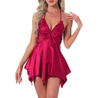 Women's Lingerie Babydoll Halter Open Back Asymmetrical Hem Teddy V Neck Sheer Built-in Bra Cami