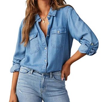 Womens Fall Casual Denim Shirt Button Front Pocket Long Sleeve Oversized Top Vintage Collared Jacket