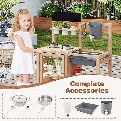 Gymax Mud Kitchen Kids Pretend Play Kitchen Toy Set Outdoor Wooden Kitchen Playset