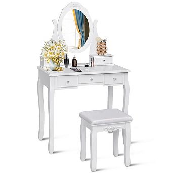 Costway Bedroom Wooden Mirrored Makeup Vanity Set Stool Table Set White 5 Drawers