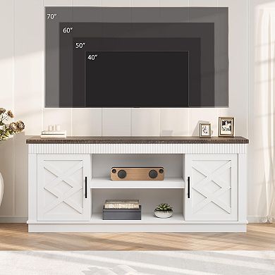 Farmhouse TV Stand with 2 Doors & Open Shelf, Rustic Fluted Console for Living Room