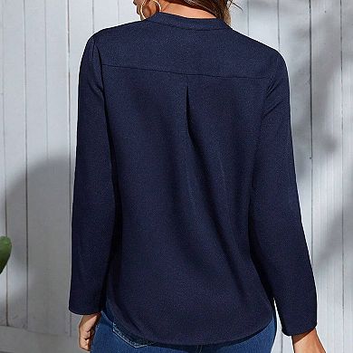 Women's V-Neck Long Sleeve Basic Shirt Roll-Tab Sleeves Casual Blouse