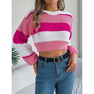Women's Casual Color Block Lantern Sleeve Cropped Sweater, Crew Neck Pullover Knit Top