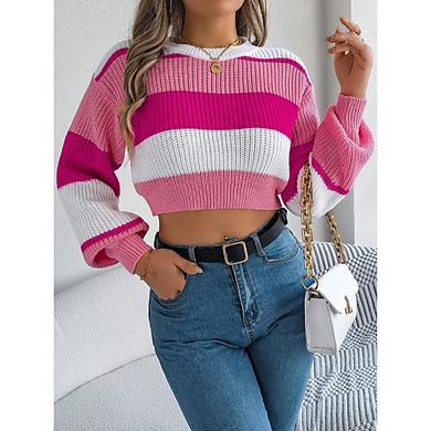 Women's Casual Color Block Lantern Sleeve Cropped Sweater, Crew Neck Pullover Knit Top