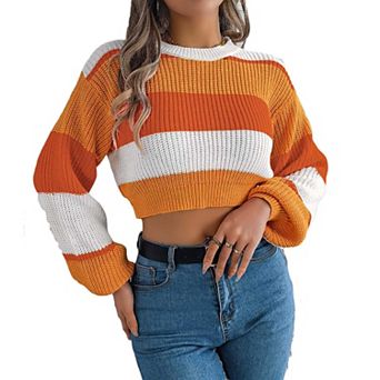 Women's Casual Color Block Lantern Sleeve Cropped Sweater, Crew Neck Pullover Knit Top