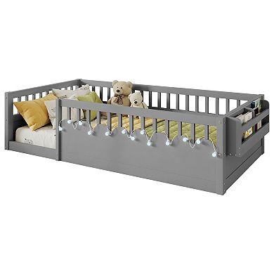 Whisen Montessori Floor Bed Frame with High Rails, Light and Storage Shelf