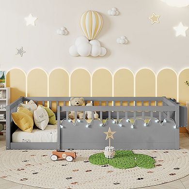 Whisen Montessori Floor Bed Frame with High Rails, Light and Storage Shelf