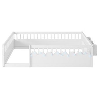 Whisen Montessori Floor Bed Frame with High Rails, Light and Storage Shelf
