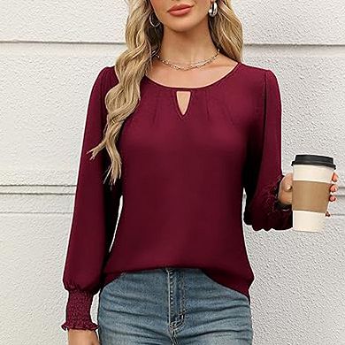 Women's Fall Crew Neck Blouse Keyhole Neck Ruched Ruffle Long Sleeve Casual Everyday Top Soft Shirt