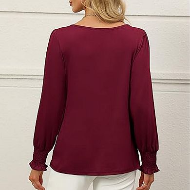 Women's Fall Crew Neck Blouse Keyhole Neck Ruched Ruffle Long Sleeve Casual Everyday Top Soft Shirt