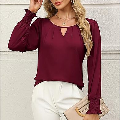 Women's Fall Crew Neck Blouse Keyhole Neck Ruched Ruffle Long Sleeve Casual Everyday Top Soft Shirt