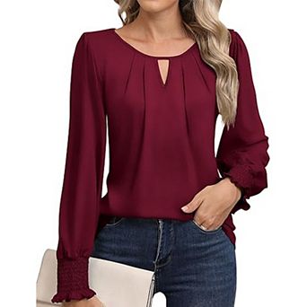 Women's Fall Crew Neck Blouse Keyhole Neck Ruched Ruffle Long Sleeve Casual Everyday Top Soft Shirt