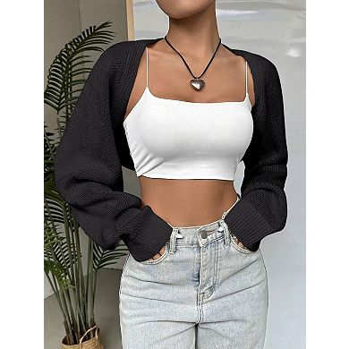 Women’s Bolero Shrug Sweaters, Knitted Open Front Long Sleeve Cropped Tops, Solid Casual Cardigans