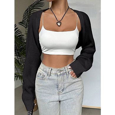 Women’s Bolero Shrug Sweaters, Knitted Open Front Long Sleeve Cropped Tops, Solid Casual Cardigans