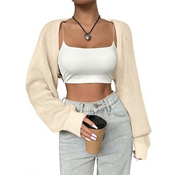 Women’s Bolero Shrug Sweaters, Knitted Open Front Long Sleeve Cropped Tops, Solid Casual Cardigans