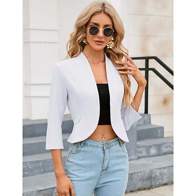 Womens Cropped Blazer Casual Business 3/4 Sleeve Collarless Open Front Lightweight Work Jacket Suit