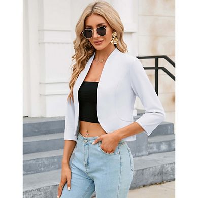Womens Cropped Blazer Casual Business 3/4 Sleeve Collarless Open Front Lightweight Work Jacket Suit