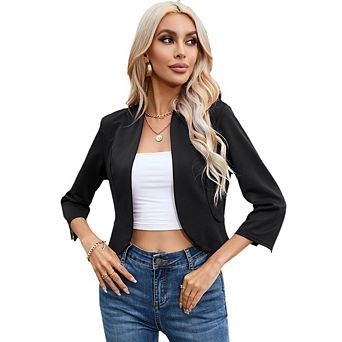 Womens Cropped Blazer Casual Business 3/4 Sleeve Collarless Open Front Lightweight Work Jacket Suit