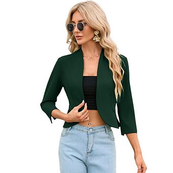 Womens Cropped Blazer Casual Business 3/4 Sleeve Collarless Open Front Lightweight Work Jacket Suit