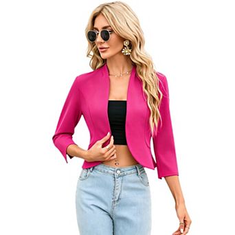 Womens Cropped Blazer Casual Business 3/4 Sleeve Collarless Open Front Lightweight Work Jacket Suit
