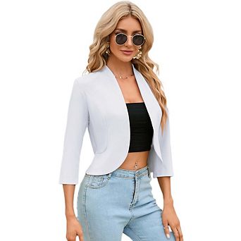 Womens Cropped Blazer Casual Business 3/4 Sleeve Collarless Open Front Lightweight Work Jacket Suit