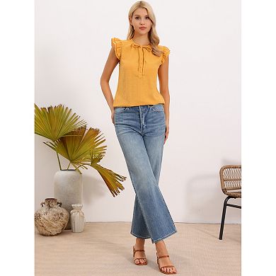 Summer Tops for Women's Ruffle Cap Sleeve Tie Neck Button Front Casual Blouses