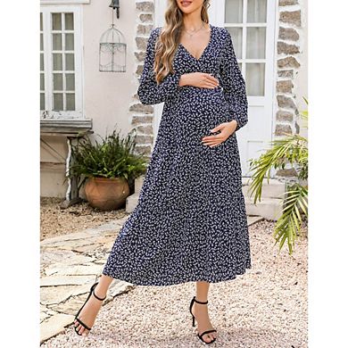 Women's Maternity Boho Floral Wrap Dress Long Sleeve V Neck Casual A Line Flowy Spring Fall Dresses