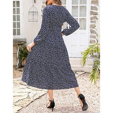 Women's Maternity Boho Floral Wrap Dress Long Sleeve V Neck Casual A Line Flowy Spring Fall Dresses