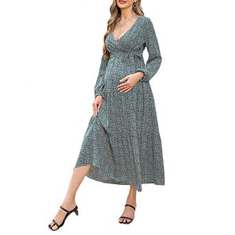 Women's Maternity Boho Floral Wrap Dress Long Sleeve V Neck Casual A Line Flowy Spring Fall Dresses