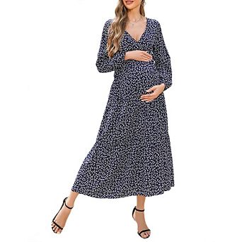 Women's Maternity Boho Floral Wrap Dress Long Sleeve V Neck Casual A Line Flowy Spring Fall Dresses