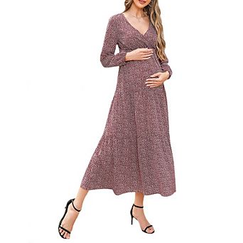 Women's Maternity Boho Floral Wrap Dress Long Sleeve V Neck Casual A Line Flowy Spring Fall Dresses