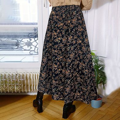 Women's Printed A-Line Maxi Skirt, Casual Flowy Beach Skirt with Elastic Waist