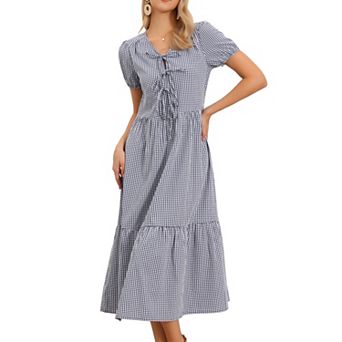 Gingham Dress for Women's Summer Casual V Neck Short Sleeve Tie Bow Decor Midi Dresses