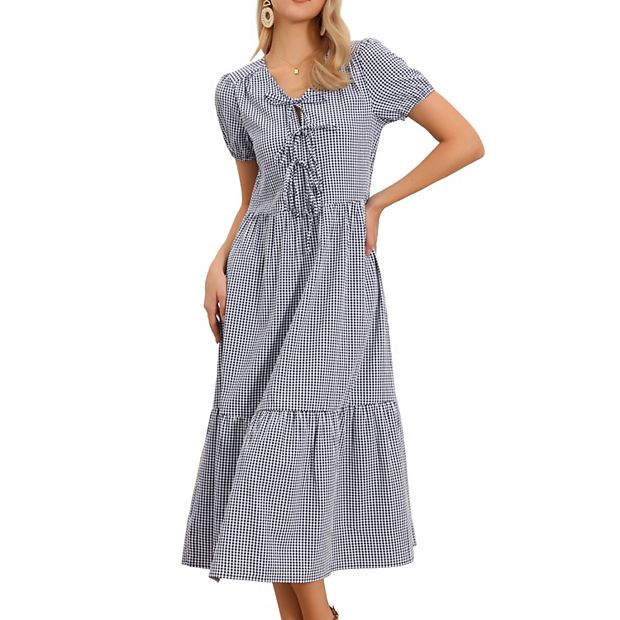 Gingham Dress for Women's Summer Casual V Neck Short Sleeve Tie Bow Decor Midi  Dresses