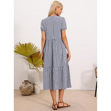 Gingham Dress for Women's Summer Casual V Neck Short Sleeve Tie Bow Decor Midi Dresses