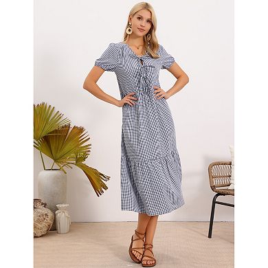 Gingham Dress for Women's Summer Casual V Neck Short Sleeve Tie Bow Decor Midi Dresses
