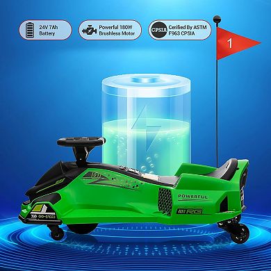 24V Electric Drift Kart for Kids, 180W Brushless Motor, 7.5 MPH Ride-On Toy for Ages 8-14
