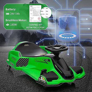 24V Electric Drift Kart for Kids, 180W Brushless Motor, 7.5 MPH Ride-On Toy for Ages 8-14