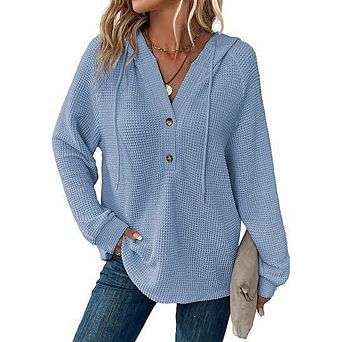 Women's Knit Sweater Hoodies Fashion Long Sleeve Button V Neck Sweater Casual Hooded Waffle Shirts