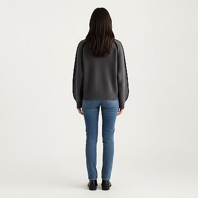 Women's Turtleneck Pullover Top with Contrast Trim Details and Ribbed Hemline