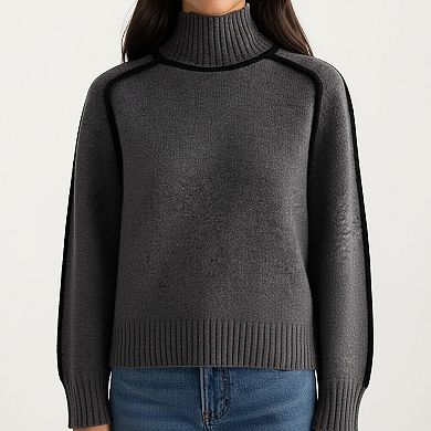 Women's Turtleneck Pullover Top with Contrast Trim Details and Ribbed Hemline